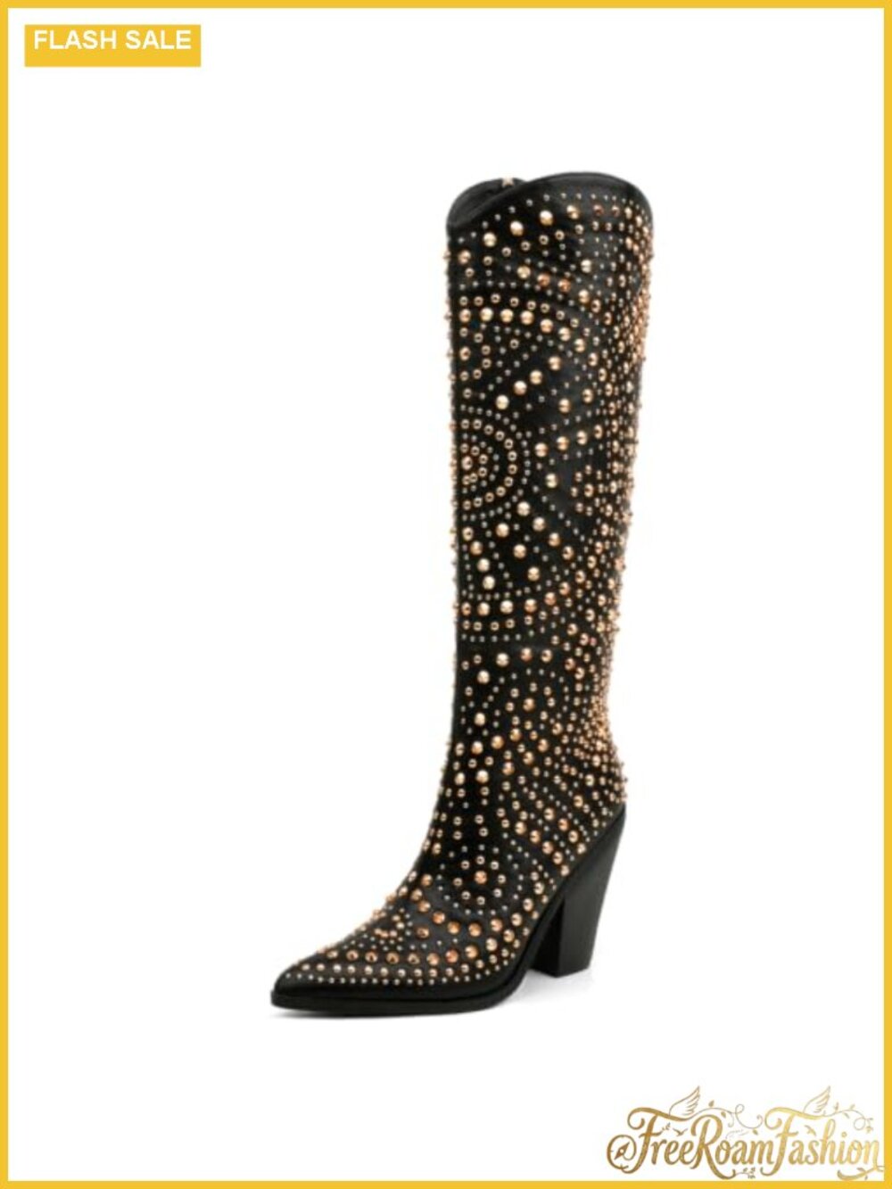 Studded Knee High Western Cowboy Boots Pointed Toe Chunky Heel Faux Leather